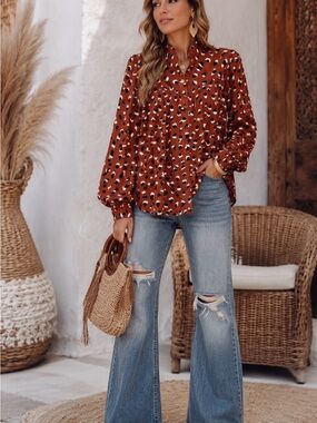 LaRoque Rust Animal Print High Neck Blouse | Long Sleeve Button Front Top -NWT